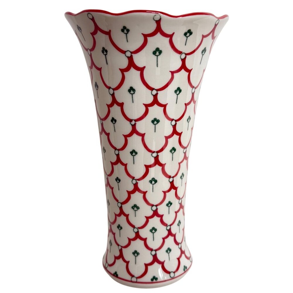 Andrea By Sadek 8" Ceramic Vase Red Green‎ Blue Pattern Flared Scalloped Rim